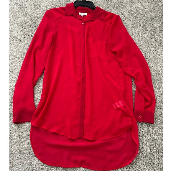 Olsenboye Medium Red Sheer Button-up Long Sleeve High Low Blouse - Picture 1 of 8